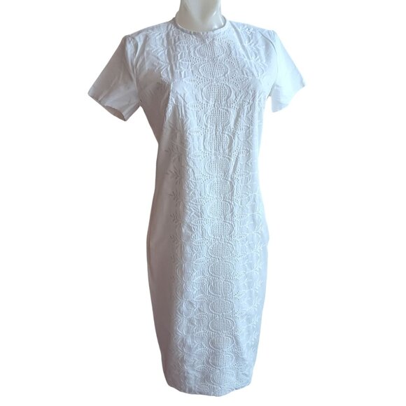 S/M Vintage 70's White Embroidered Short-Sleeve Sheath Dress Back Zipper 1970's - Picture 1 of 10
